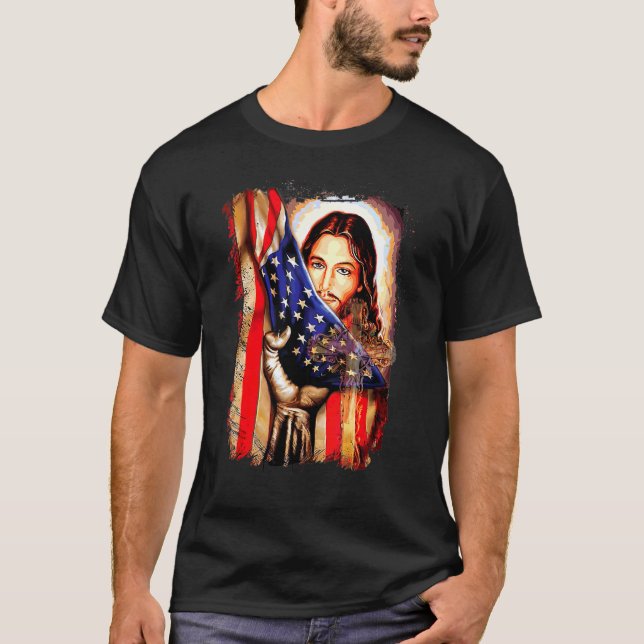 American Flag And Jesus Faith Christian 4th Of Jul T-Shirt (Front)