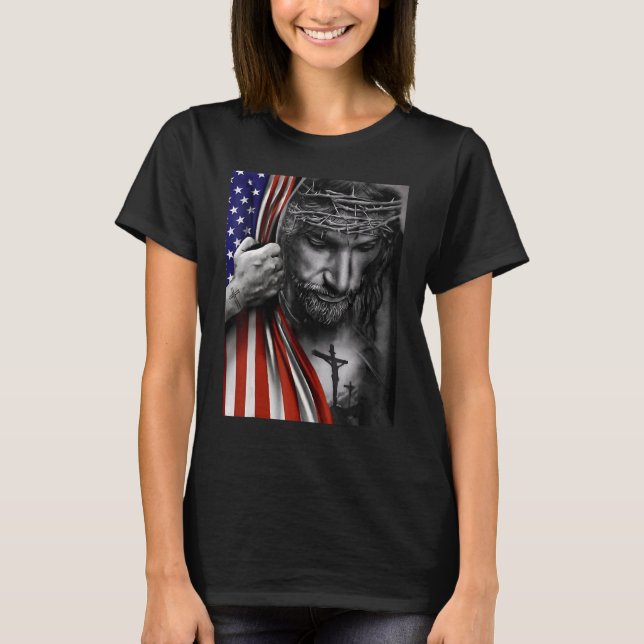 American Flag And Jesus Happy Independence Day 4th T-Shirt (Front)