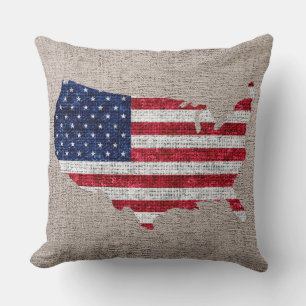 American Flag and Map Burlap Linen Rustic Jute #2 Cushion