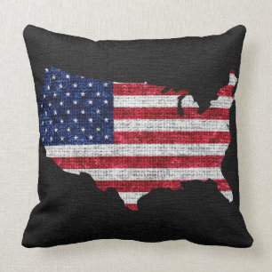 American Flag and Map Burlap Linen Rustic Jute Cushion