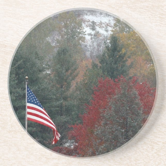 American Flag and Mountains with fall snow Coaster (Front)