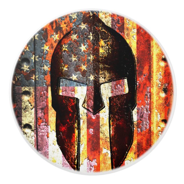 American Flag and Spartan Helmet Door Knob. Ceramic Knob (Front)
