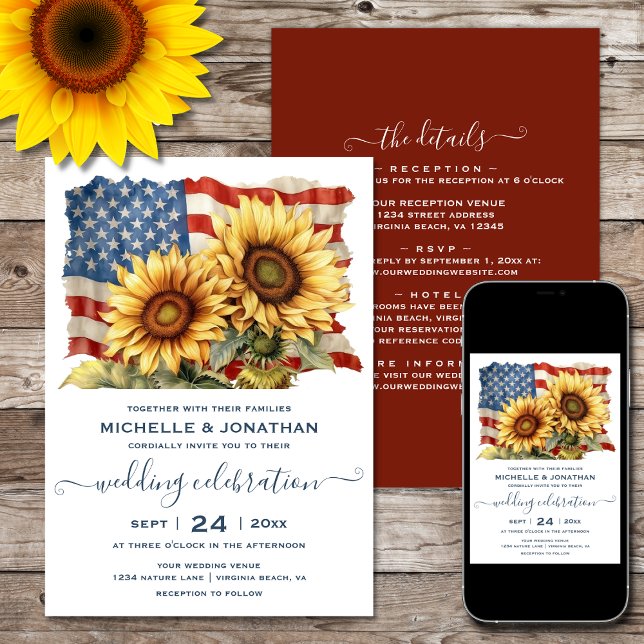 American Flag and Sunflowers All in One Wedding Invitation (Printed (Front and Back) and Digital - American Flag and Sunflowers All in One Wedding Invitation)