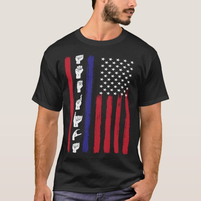 American Flag ASL American Sign Language America U T-Shirt (Front)
