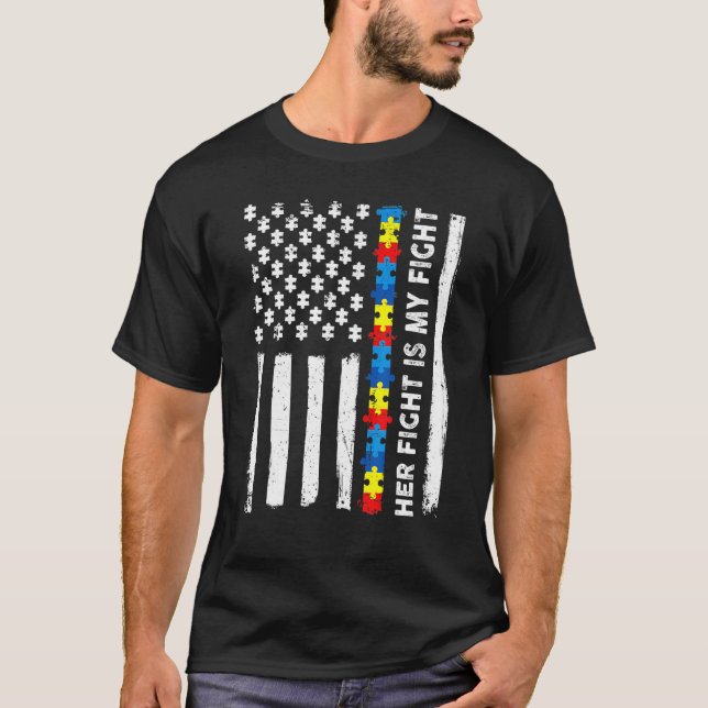 American Flag Autism Awareness Puzzle Her Fight Is T-Shirt (Front)