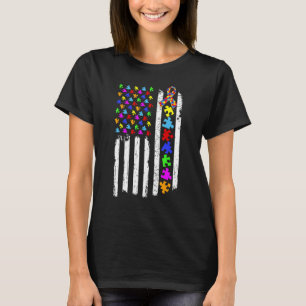 American Flag Autism Awareness Puzzle Piece Ribbon T-Shirt