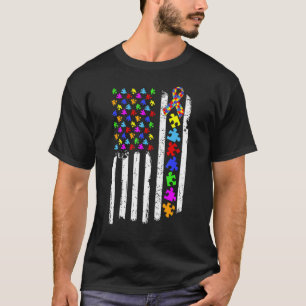 American Flag Autism Awareness Puzzle Piece Ribbon T-Shirt