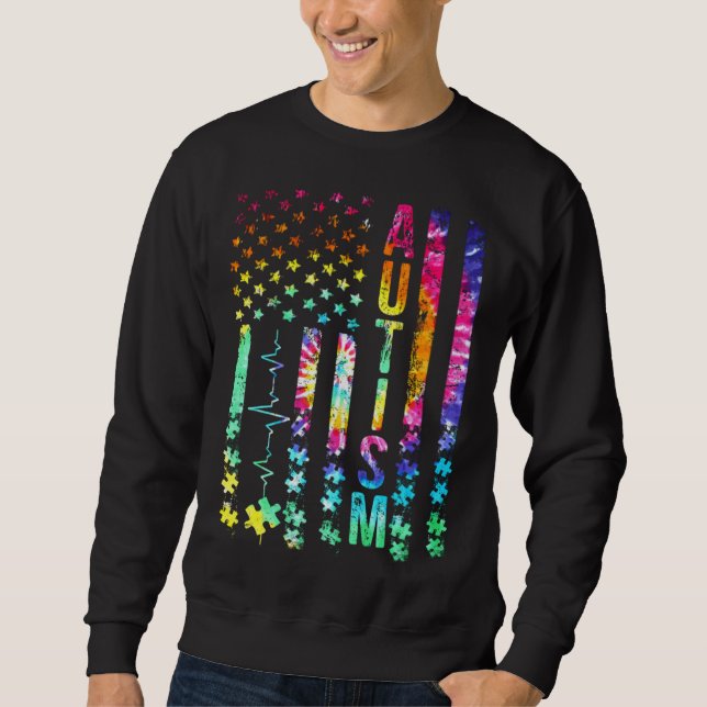 American Flag Autism Awareness Puzzle Support Tie  Sweatshirt (Front)