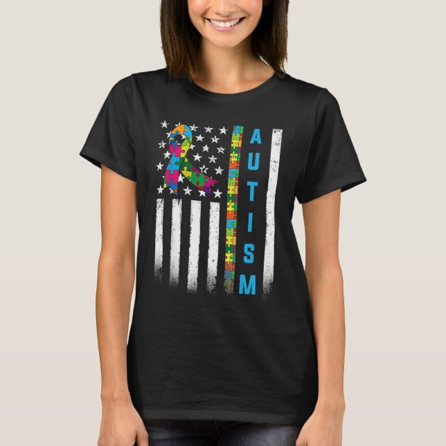 American Flag Autism Awareness Teacher Mom Support T-Shirt (Front)