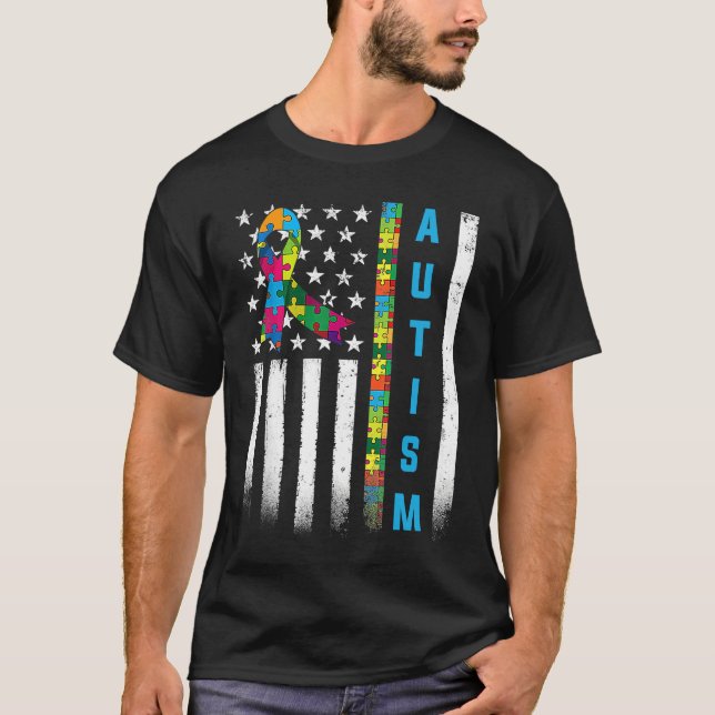 American Flag Autism Awareness Teacher Mom Support T-Shirt (Front)