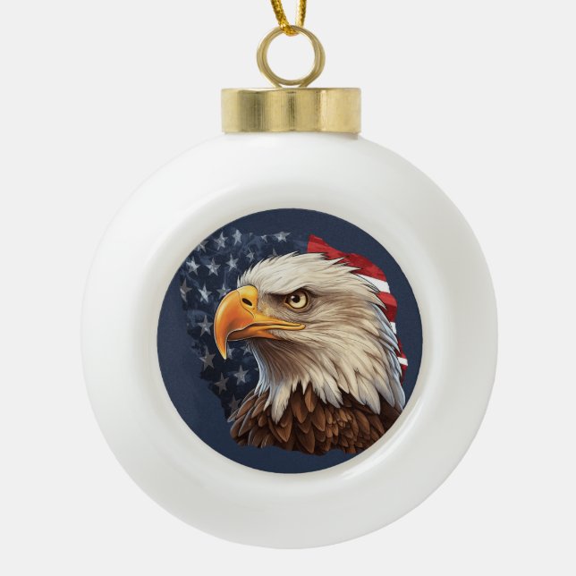 American Flag Bald Eagle Ceramic Ball Christmas Ornament (Front)