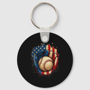American Flag Baseball Glove Patriotic Red White B Key Ring