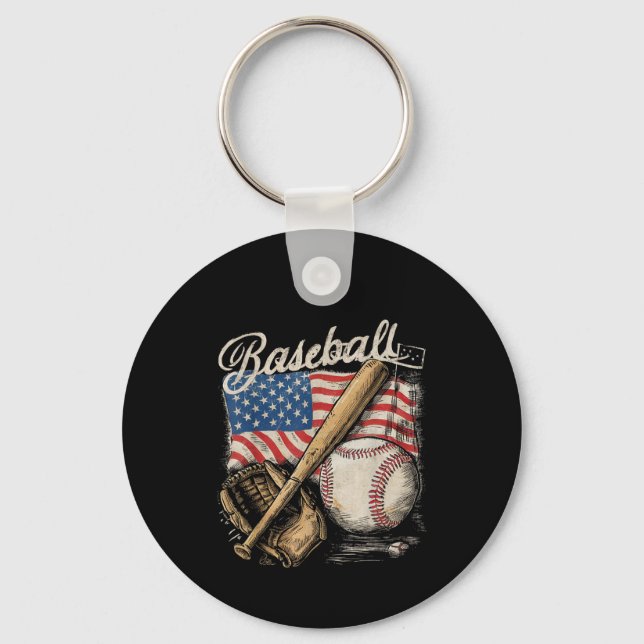 American Flag Baseball Player Bat Fan Catcher Key Ring (Front)