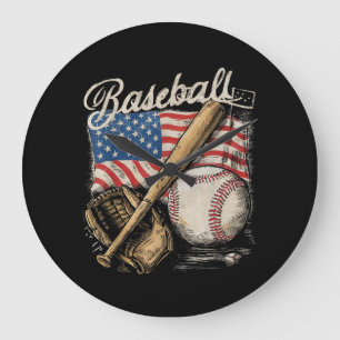 American Flag Baseball Player Bat Fan Catcher Large Clock