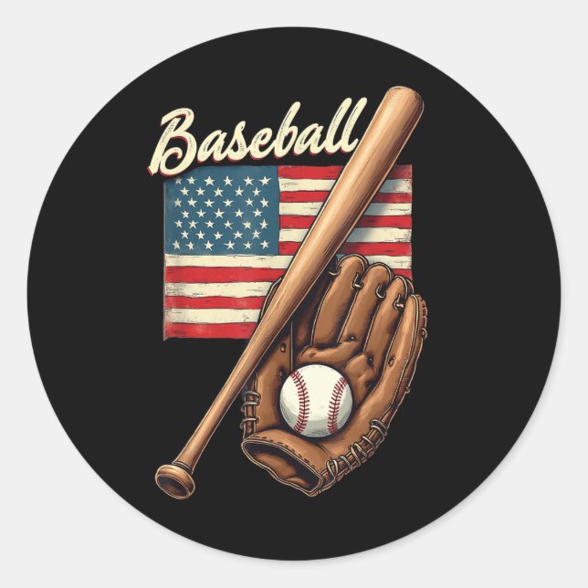 American Flag Baseball Player Bat Fan Catcher Pitc Classic Round Sticker (Front)