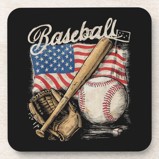 American Flag Baseball Player Bat Fan Catcher Pitc Coaster (Front)