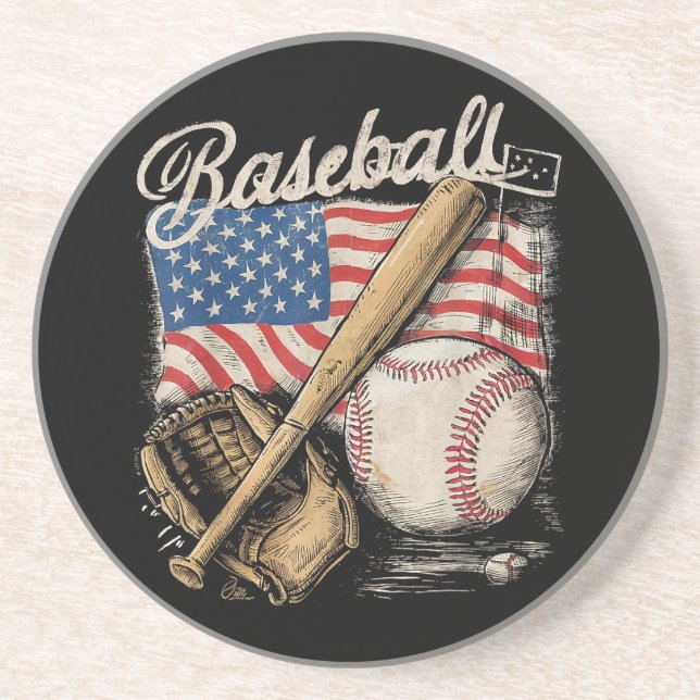 American Flag Baseball Player Bat Fan Catcher Pitc Coaster (Front)