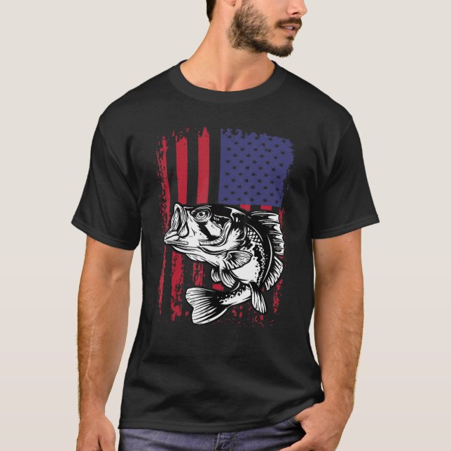 American Flag Bass USA Fishing Fisherman Outdoors  T-Shirt (Front)
