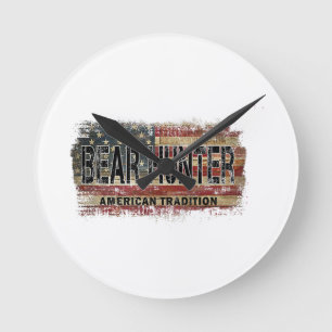 American Flag Bear Hunter Round Clock