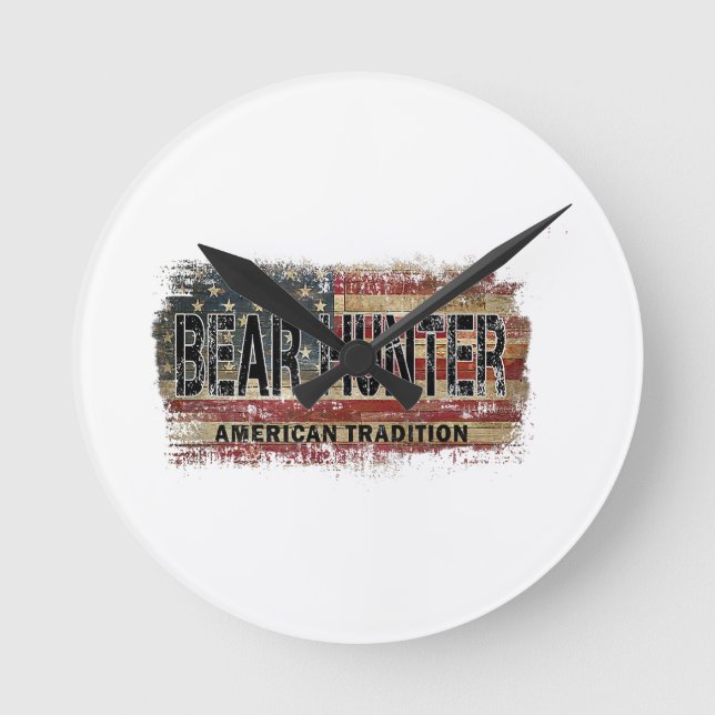 American Flag Bear Hunter Round Clock (Front)