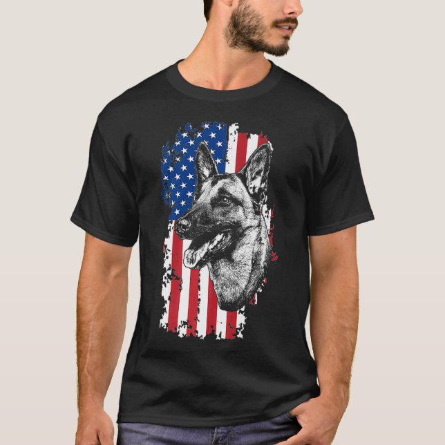 American Flag Belgian Malinois K9 Police Dog T-Shirt (Front)