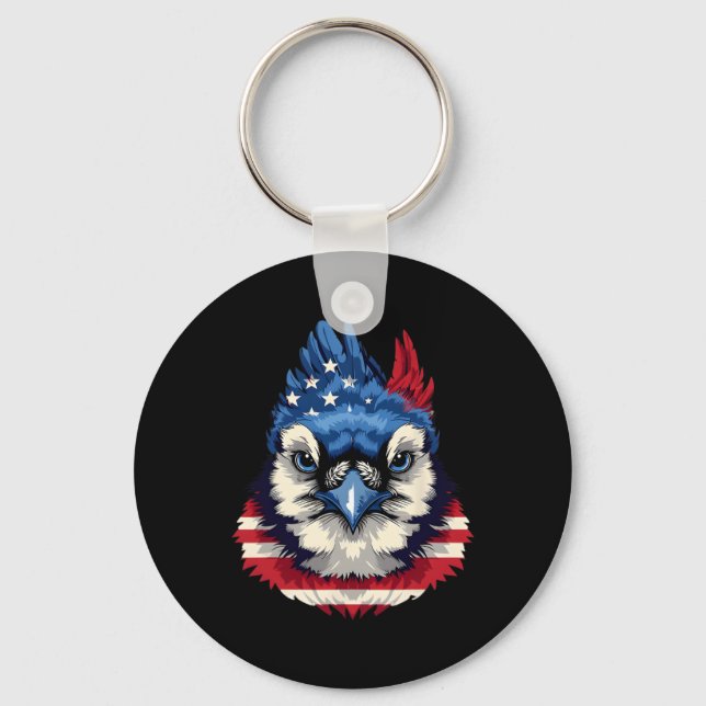 American Flag Blue Jay Patriotic Bird Face 4th Of  Key Ring (Front)