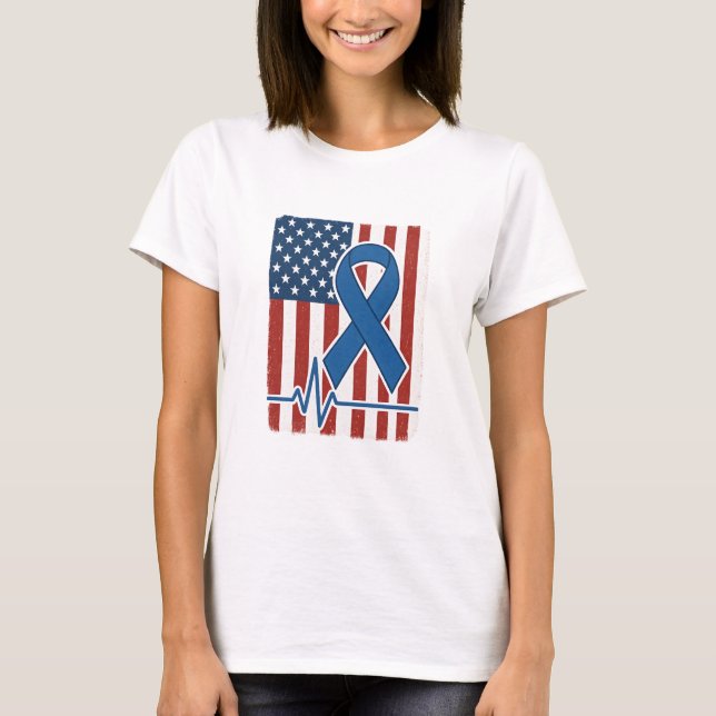 American Flag Blue Ribbon Heartbeat Shirt  (Front)