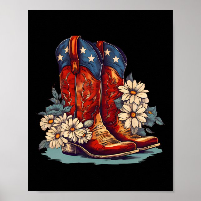 American Flag Boots And Bows 4th Of July Cowgirl W Poster (Front)