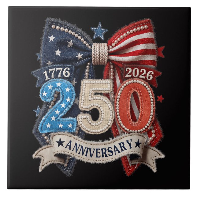 American Flag Bow 250th Anniversary Patriotic  Ceramic Tile (Front)