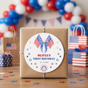 American Flag Bow Girl Birthday Sticker