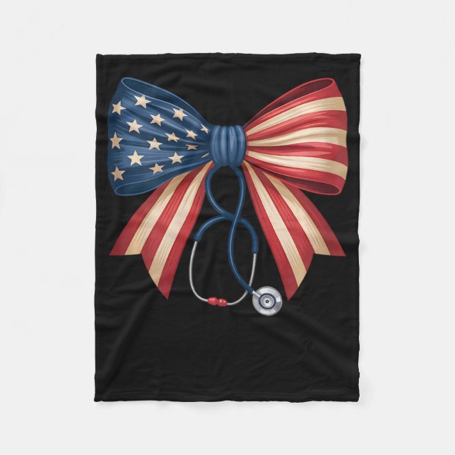 American Flag Bow Stethoscope 4th Of July Nurse Pr Fleece Blanket (Front)