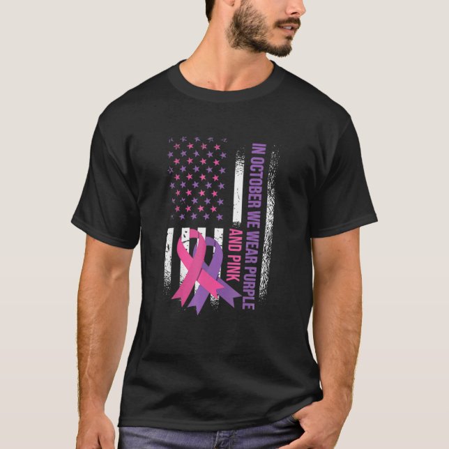 American Flag Breast Cancer And Domestic Violence T-Shirt (Front)