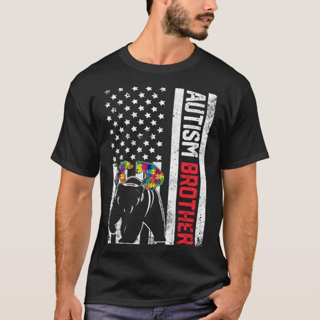 American Flag Brother Bear Autism Awareness Suppor T-Shirt (Front)