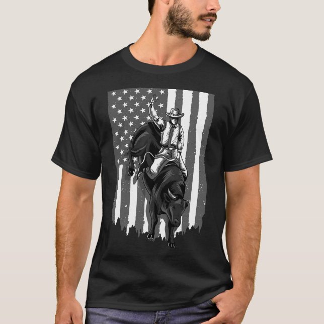 American Flag Bull Riding Cowboy 4th Of July Patri T-Shirt (Front)