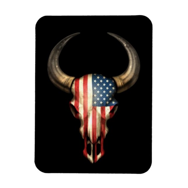 American Flag Bull Skull on Black Magnet (Vertical)
