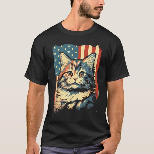 American Flag Cat 4th Of July Kitten Patriotic Pet T-Shirt (Front)