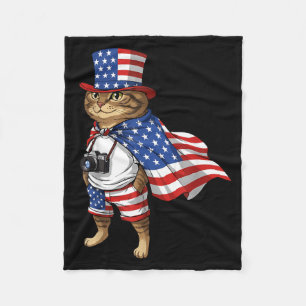 American Flag Cat 4th of July Patriotic Red White Fleece Blanket