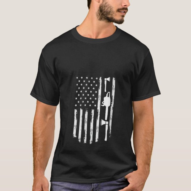 American Flag Chainsaw And Axe - Tree Cutting Tool T-Shirt (Front)