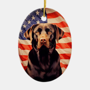 American Flag Chocolate Labrador Ceramic Ornament