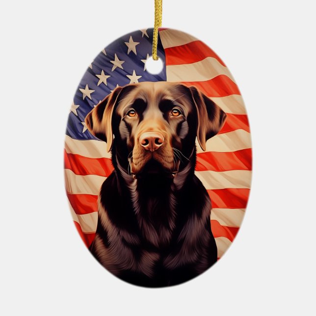 American Flag Chocolate Labrador Ceramic Ornament (Front)