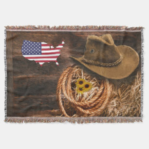 American Flag Cowboy Hat lasso Throw Blanket