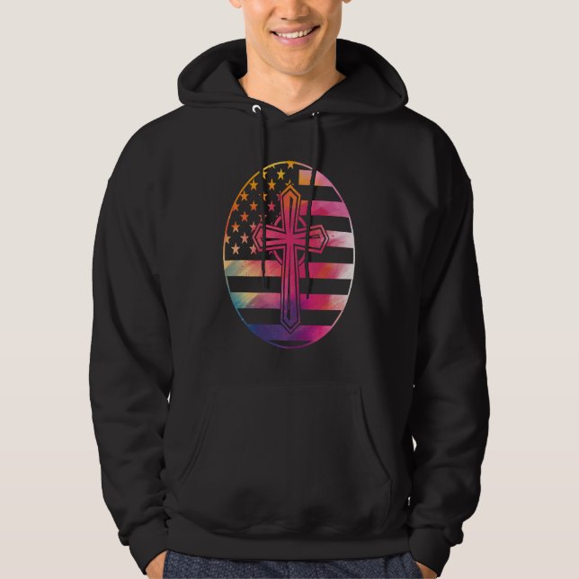 American Flag  Cross  America Pride Proud Christia Hoodie (Front)