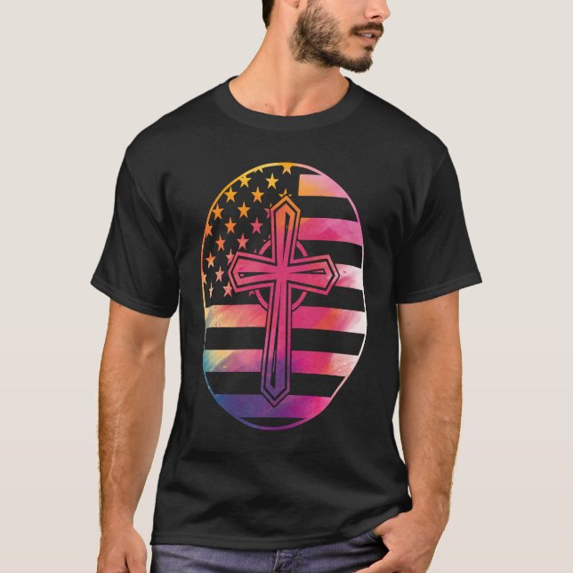 American Flag  Cross  America Pride Proud Christia T-Shirt (Front)