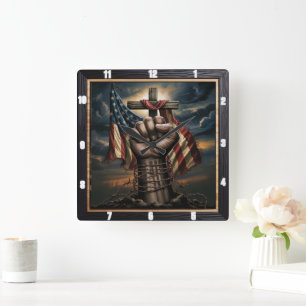 American Flag Cross Patriot  Square Wall Clock