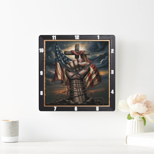 American Flag Cross Patriot  Square Wall Clock (Home)