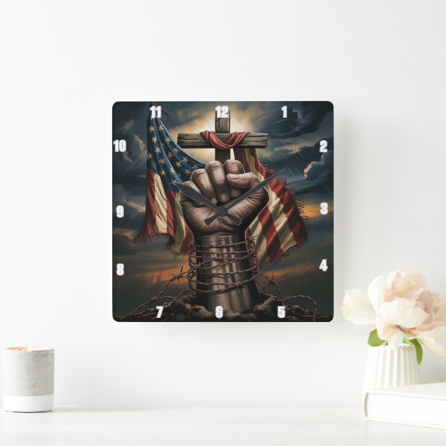American Flag Cross Patriot strength And Freedom Square Wall Clock (Home)
