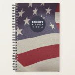 American Flag Custom One-Year Weekly Planner<br><div class="desc">This custom yearly planner features a waving American flag design personalised with your name and the year on the front cover. Includes monthly overview with weekly plans, and comes with a whole page of planner stickers. Available in two sizes with glossy softcover or satin-matte hardcover, and your choice of wire...</div>