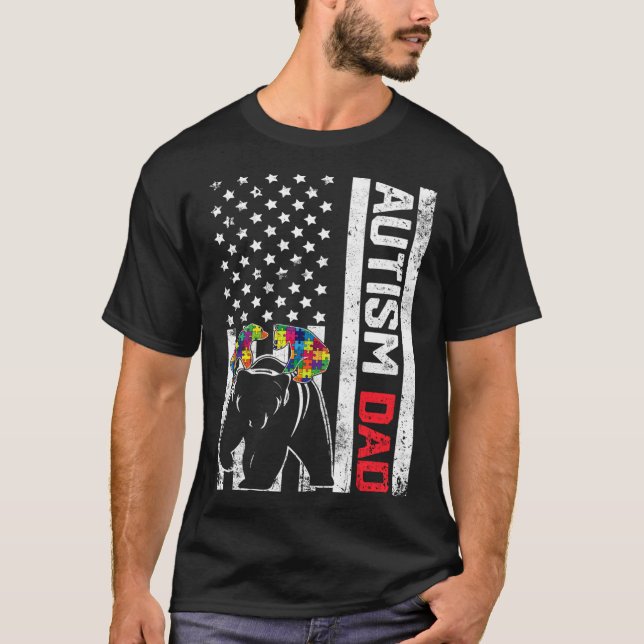 American Flag Dad Bear Autism Awareness Support Fa T-Shirt (Front)