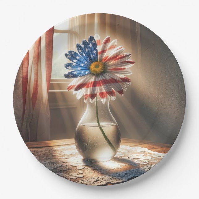 American Flag Daisy In Glass Vase Paper Plate (Front)