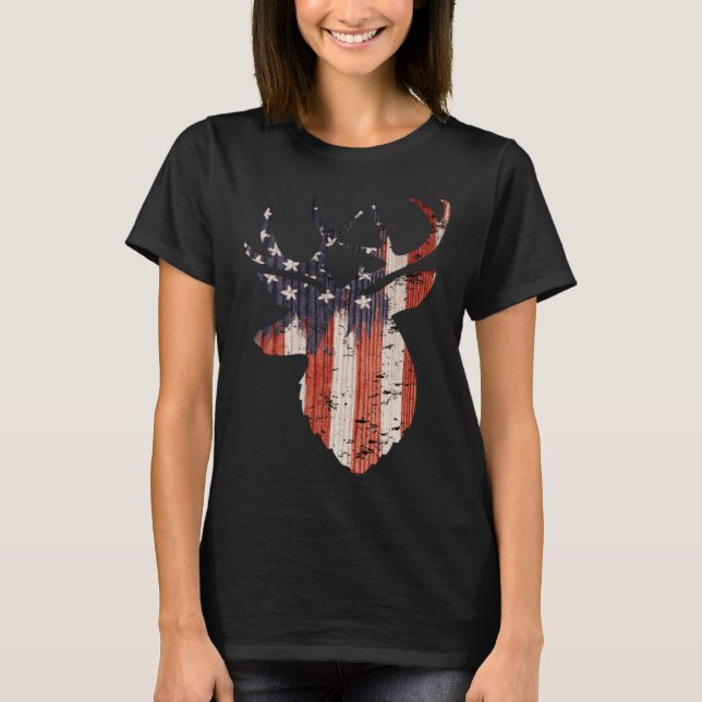 American Flag Deer Elk Hunting USA Patriotic Hunte T-Shirt (Front)